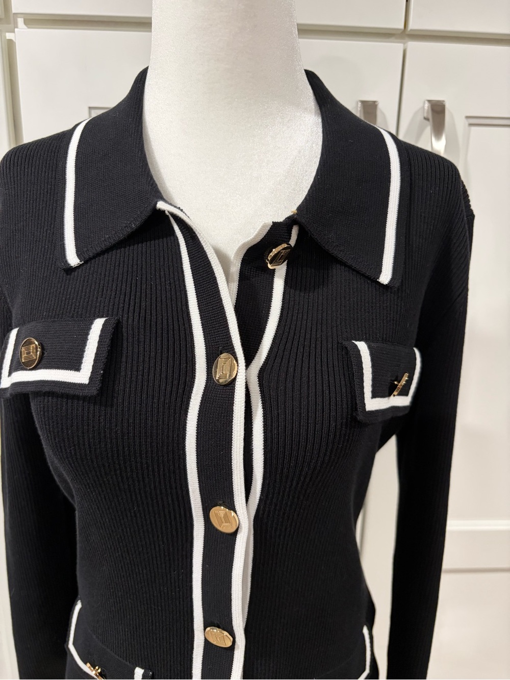 Karl Lagerfeld Black Sweater Cardigan with White Trim